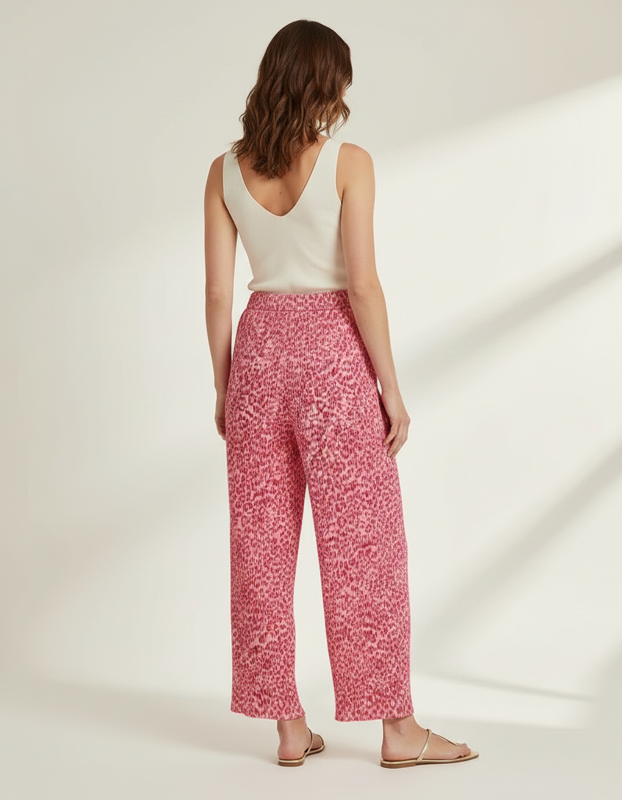 Pantalon Léopard Rose Plissé Fluide Taille Haute - Viscose - vue 2