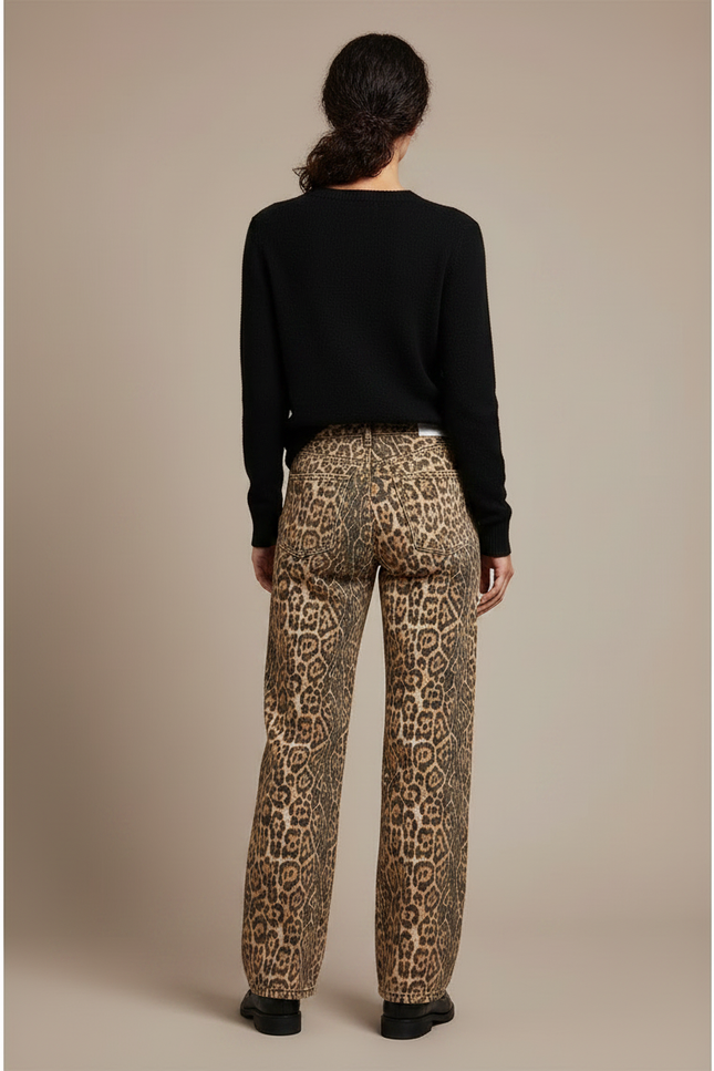 Pantalon Léopard Marron Jean Ample Taille Haute - vue 2