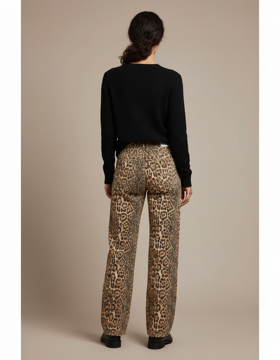 Pantalon Léopard Marron Jean Ample Taille Haute - vue 2