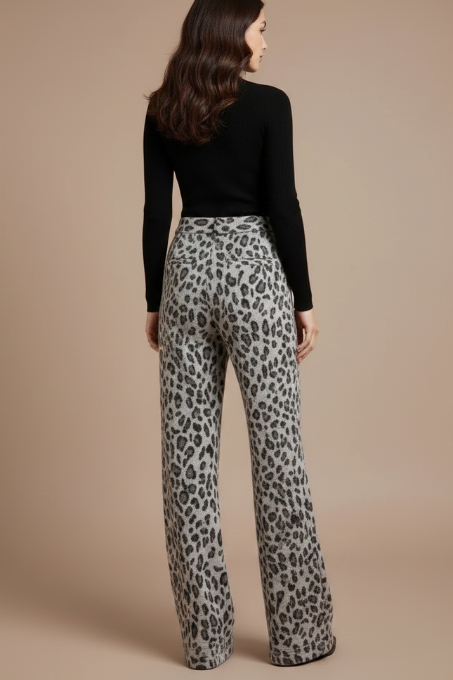 Pantalon Léopard Gris Ample Taille Haute Fluide - Laine - vue 2