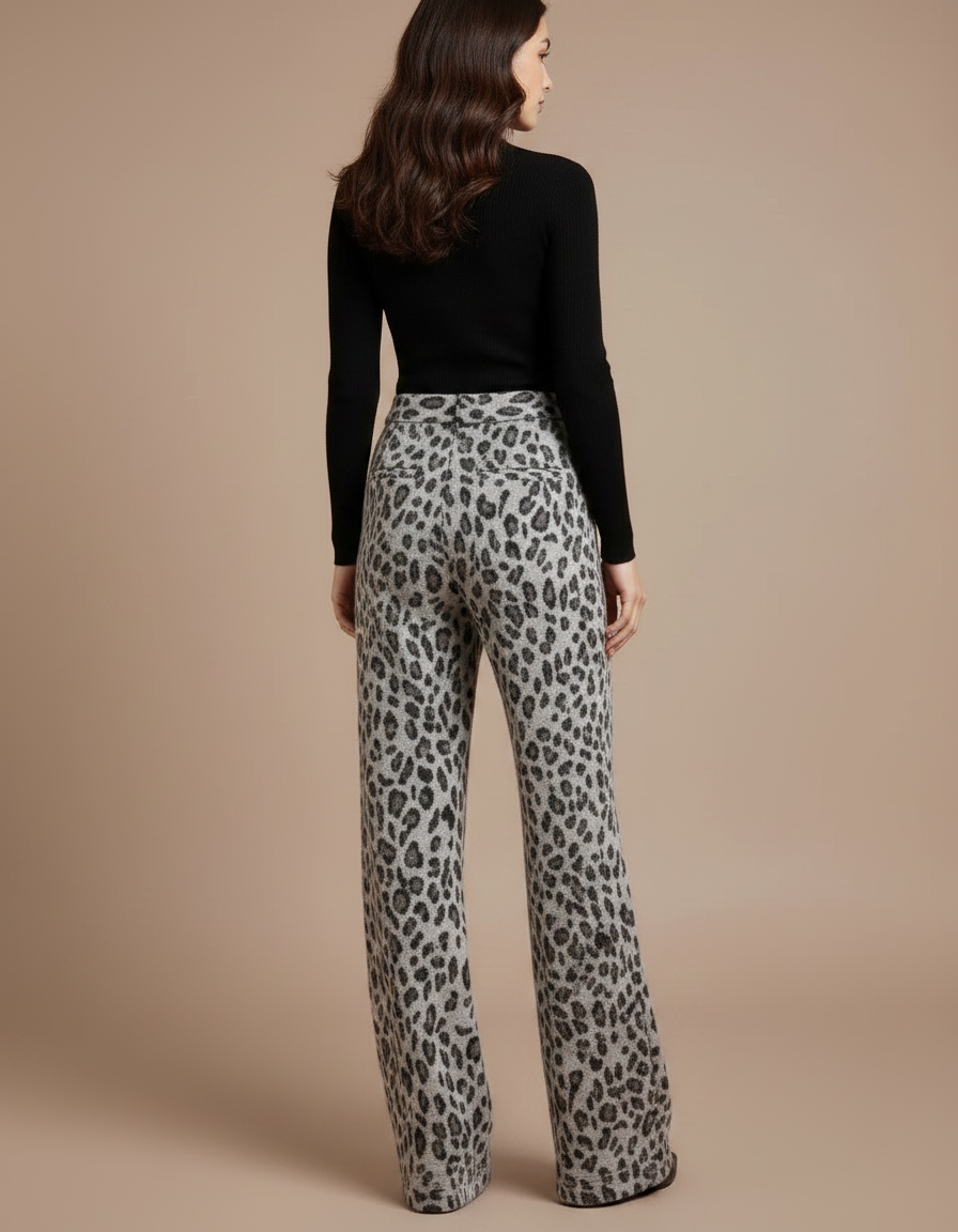 Pantalon Léopard Gris Ample Taille Haute Fluide - Laine - vue 2
