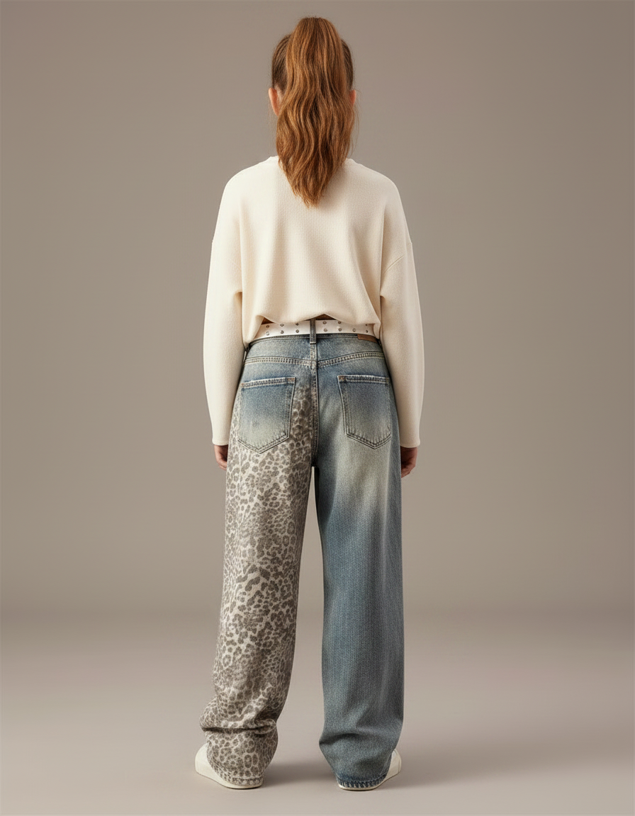 Pantalon Léopard Ample Gris Imprimé Délavé Déchiré - Jean - vue 2
