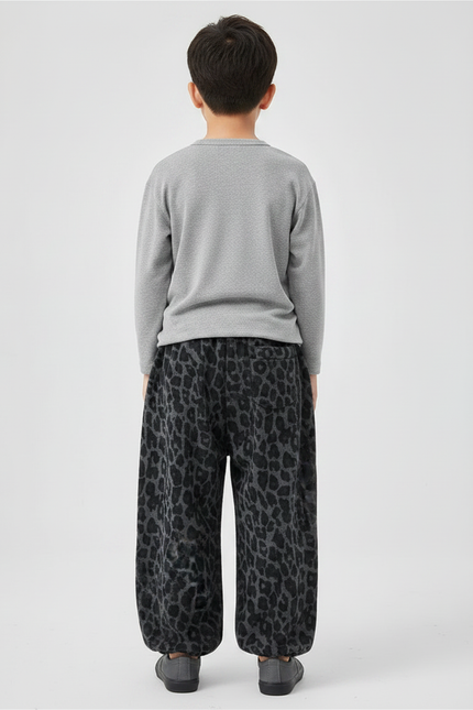 Pantalon Léopard Gris Ample Coton Épais Garçon - Imprimé Molleton - vue 2