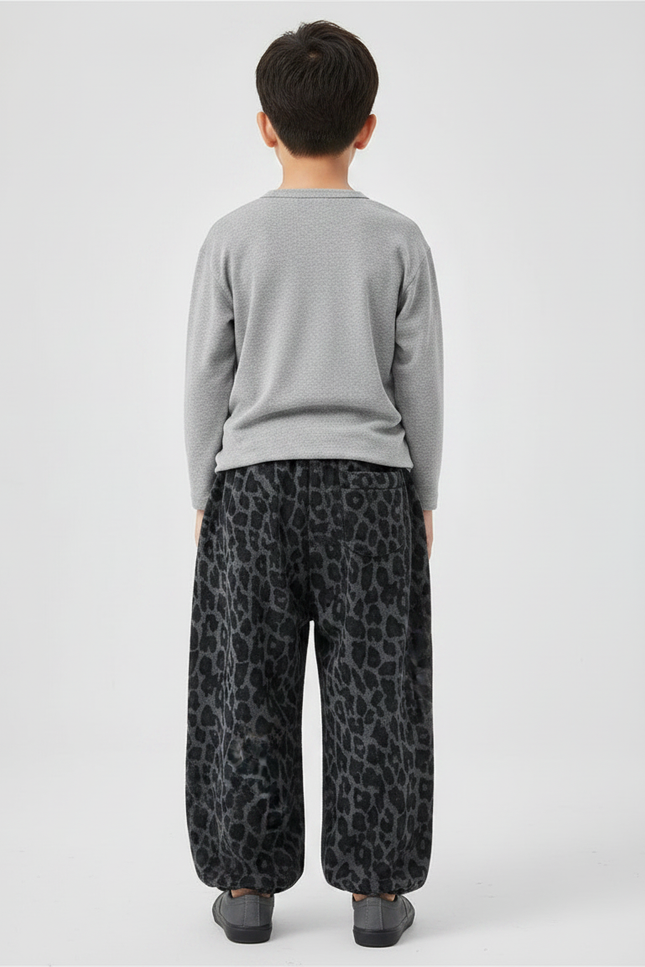 Pantalon Léopard Gris Ample Coton Épais Garçon - Imprimé Molleton - vue 2