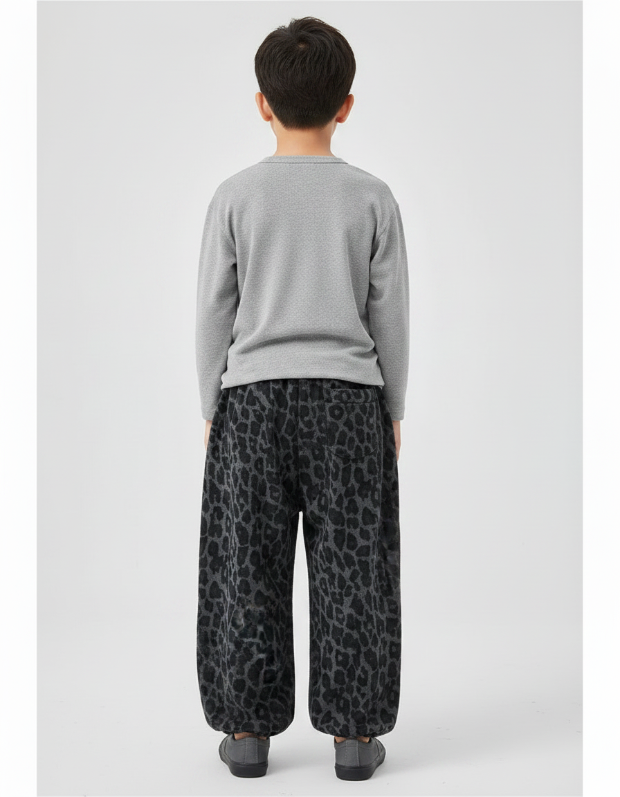 Pantalon Léopard Gris Ample Coton Épais Garçon - Imprimé Molleton - vue 2