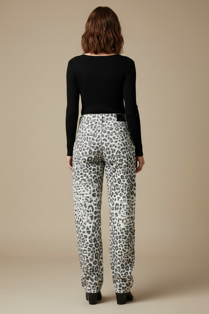Pantalon Léopard Gris Délavé Ample Clouté Femme - Jean - vue 2