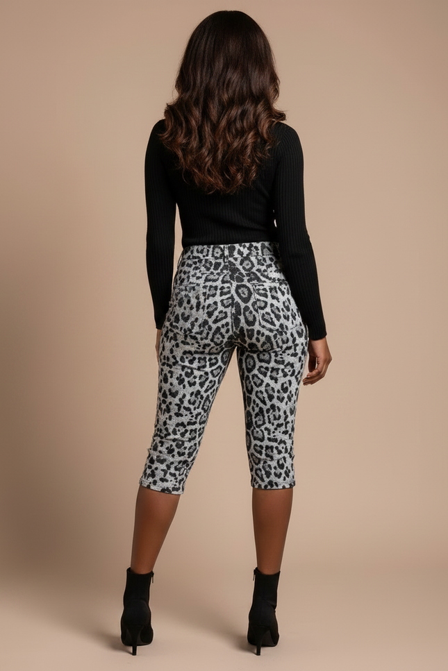 Pantalon Léopard Cropped Moulant Gris Imprimé Animal - Maille - vue 2