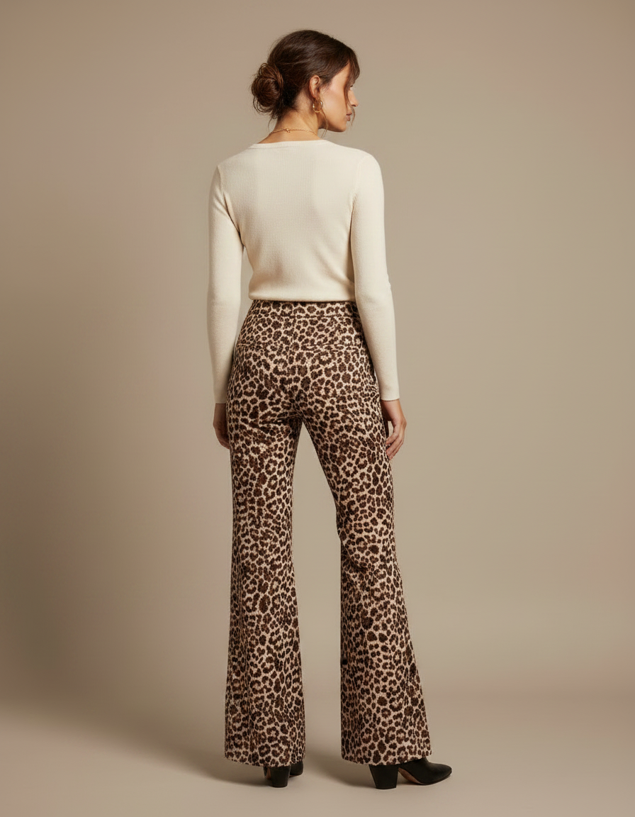 Pantalon Léopard Évasé Imprimé Taille Haute Élégant - Maille - vue 2