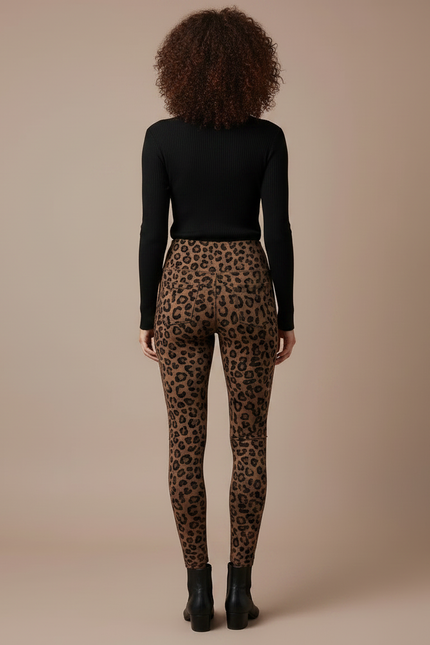 Pantalon Léopard Marron Imprimé Taille Haute Slim Fit - Maille - vue 2