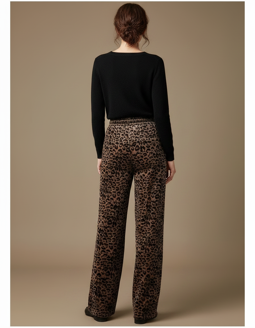 Pantalon Léopard Velours Imprimé Ample Marron Décontracté - vue 2