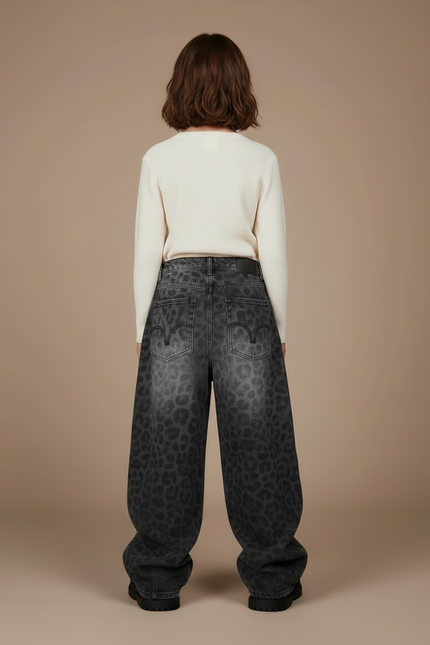 Pantalon Léopard Gris Délavé Large Motif Géométrique Clouté - Jean - vue 2