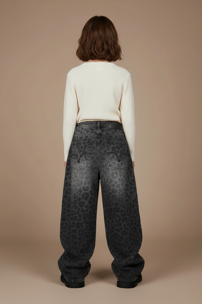 Pantalon Léopard Gris Délavé Large Motif Géométrique Clouté - Jean - vue 2