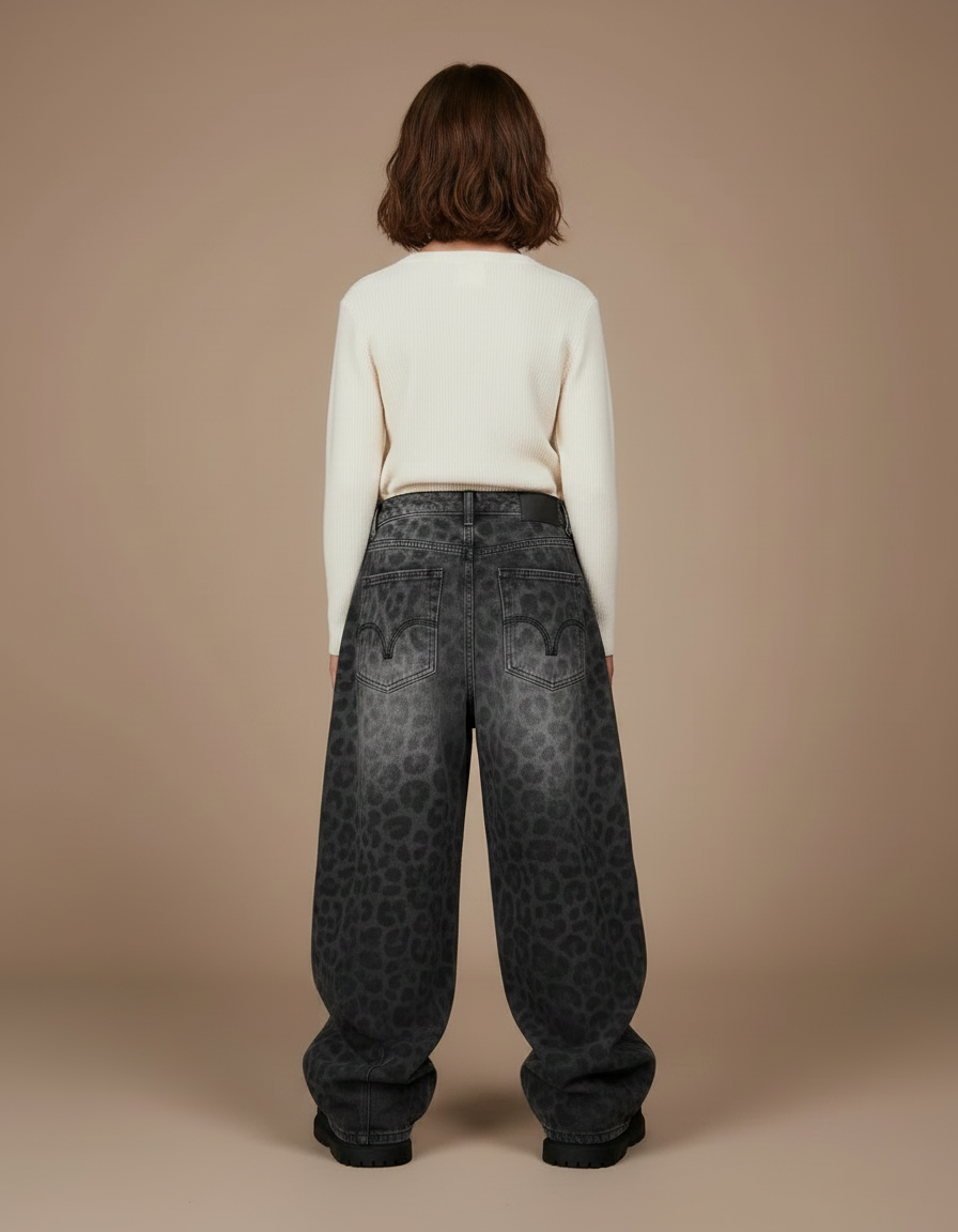 Pantalon Léopard Gris Délavé Large Motif Géométrique Clouté - Jean - vue 2