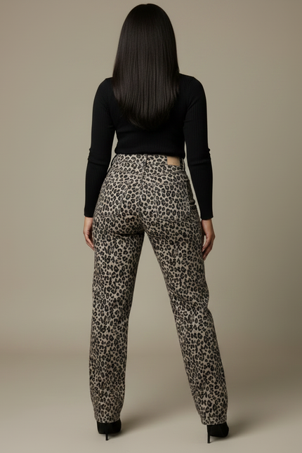 Pantalon Léopard Évasé Imprimé Strass Taille Haute - Jean - vue 2