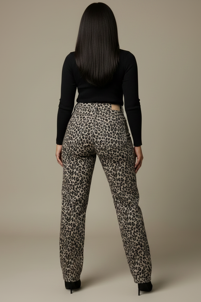 Pantalon Léopard Évasé Imprimé Strass Taille Haute - Jean - vue 2