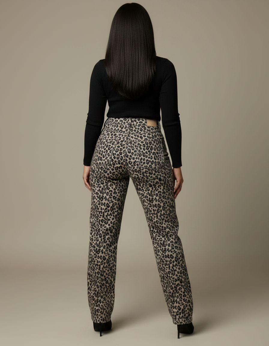 Pantalon Léopard Évasé Imprimé Strass Taille Haute - Jean - vue 2