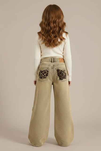 Pantalon Léopard Ample Beige Délavé Déchiré Fille - Jean - vue 2