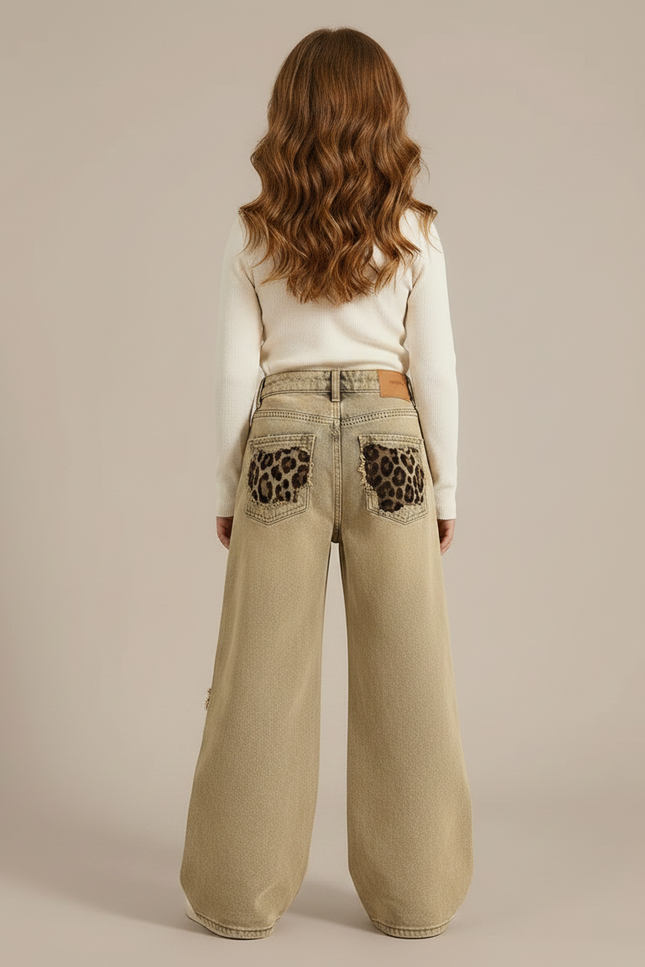 Pantalon Léopard Ample Beige Délavé Déchiré Fille - Jean - vue 2
