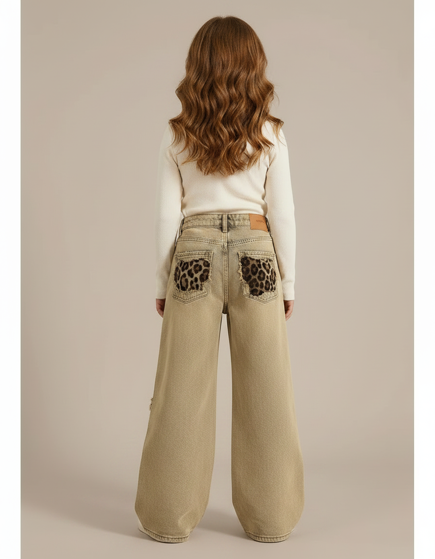 Pantalon Léopard Ample Beige Délavé Déchiré Fille - Jean - vue 2