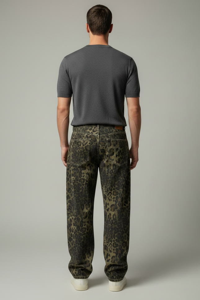 Pantalon Léopard Ample Imprimé Streetwear Délavé Homme - Jean - vue 2