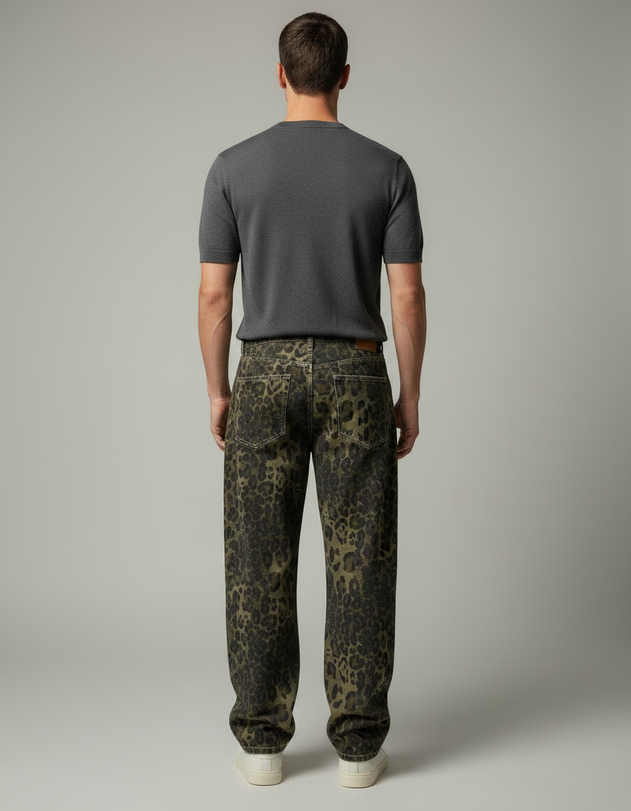 Pantalon Léopard Ample Imprimé Streetwear Délavé Homme - Jean - vue 2