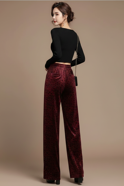 Pantalon Léopard Velours Bordeaux Large Fluide Élégant - vue 2