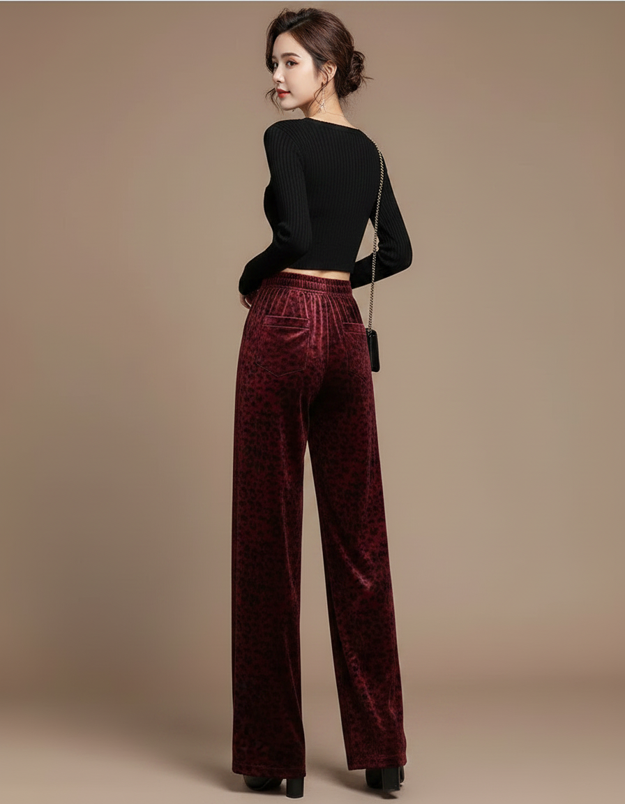 Pantalon Léopard Velours Bordeaux Large Fluide Élégant - vue 2