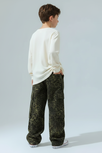 Pantalon Léopard Cargo Vert Ample Enfant Coton - Kaki Toile - vue 2