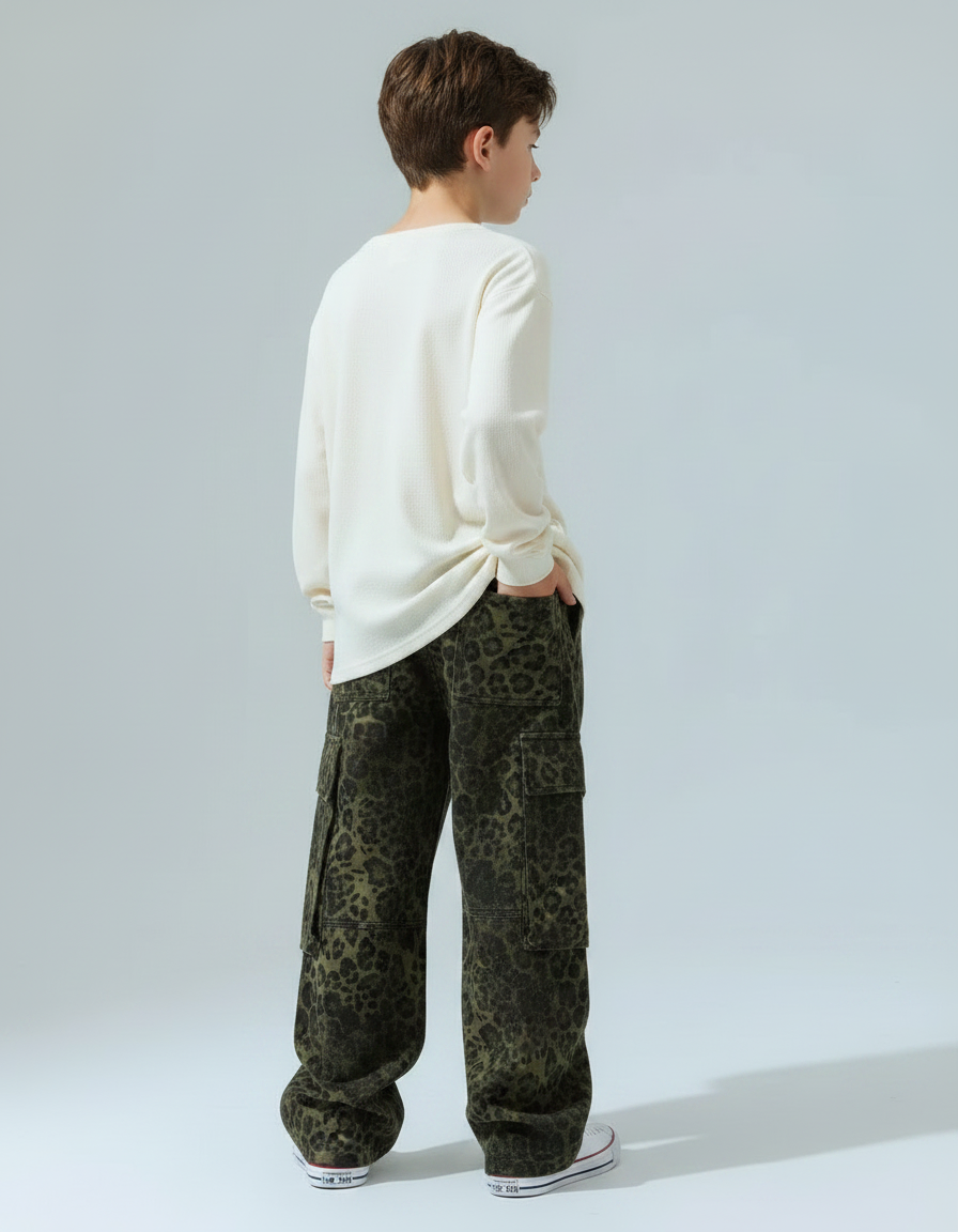 Pantalon Léopard Cargo Vert Ample Enfant Coton - Kaki Toile - vue 2