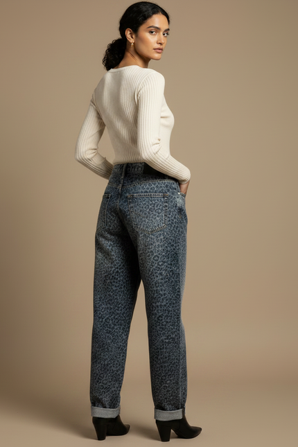 Pantalon Léopard Jean Ample Délavé Streetwear Femme - Bleu - vue 2