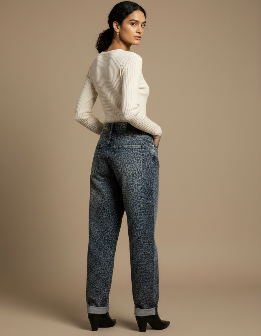 Pantalon Léopard Jean Ample Délavé Streetwear Femme - Bleu - vue 2