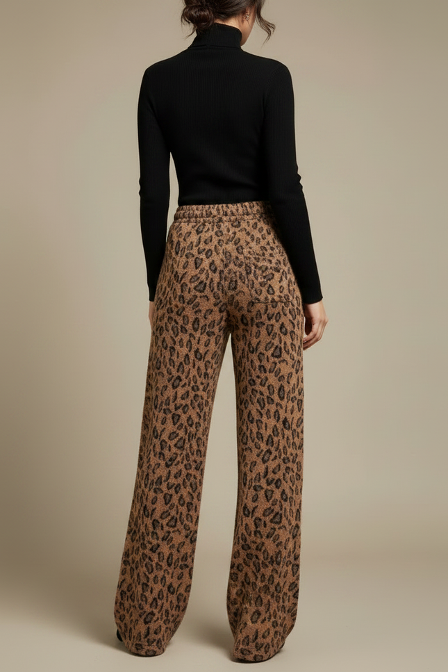 Pantalon Léopard Marron Ample Doux Décontracté Femme - Maille - vue 2