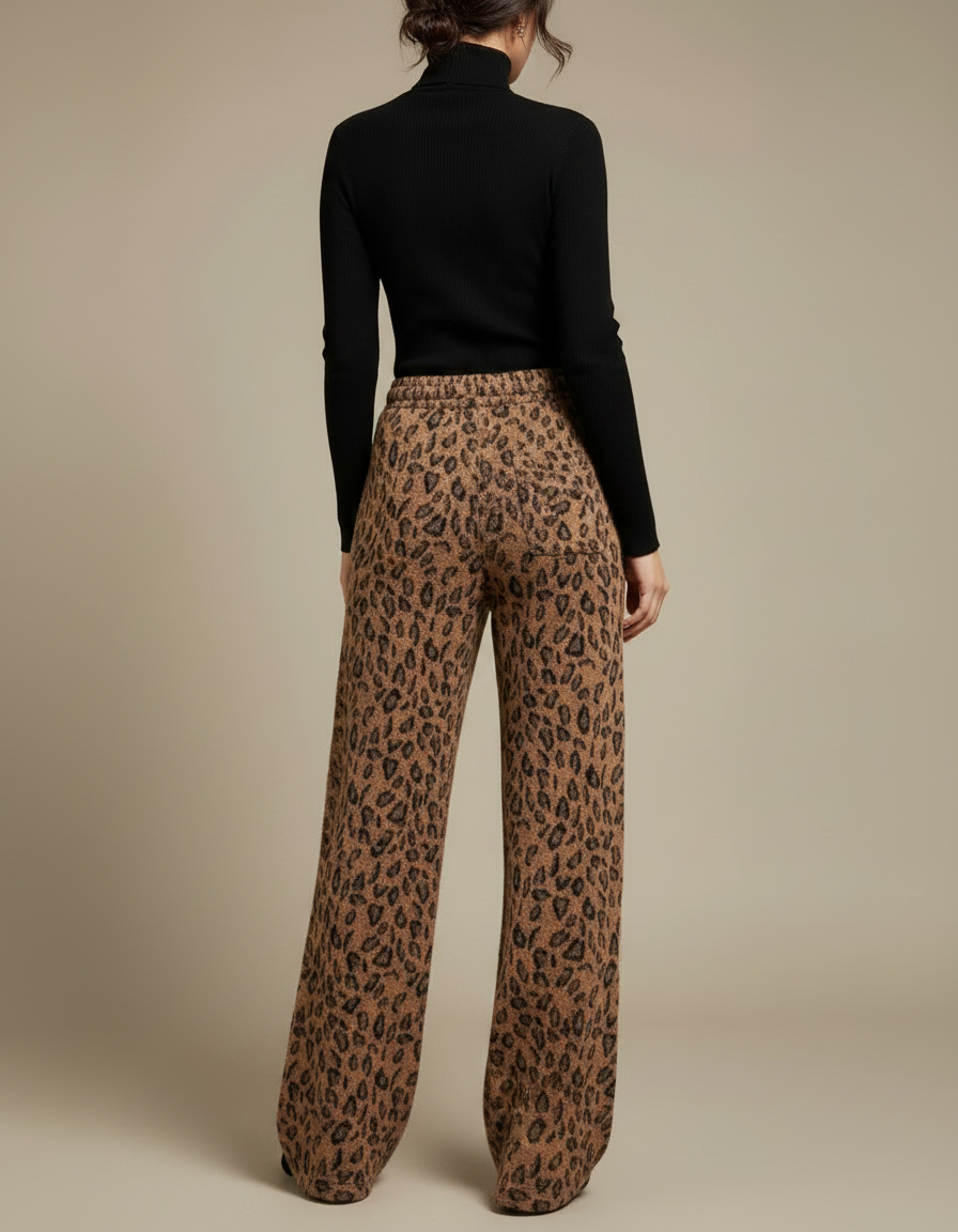 Pantalon Léopard Marron Ample Doux Décontracté Femme - Maille - vue 2