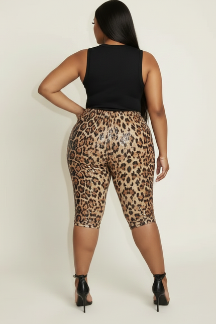 Pantalon Léopard Court Moulant Paillettes Stretch Femme - Imprimé Polyester - vue 2