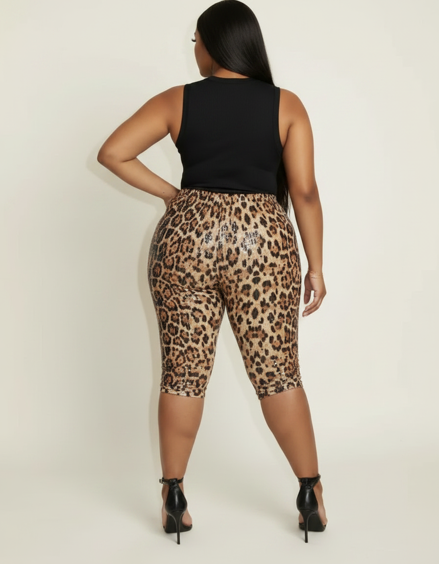 Pantalon Léopard Court Moulant Paillettes Stretch Femme - Imprimé Polyester - vue 2