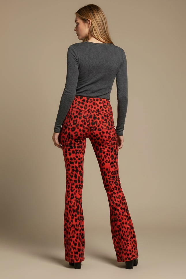 Pantalon Léopard Rouge Évasé Stretch Femme Chic - Maille - vue 2
