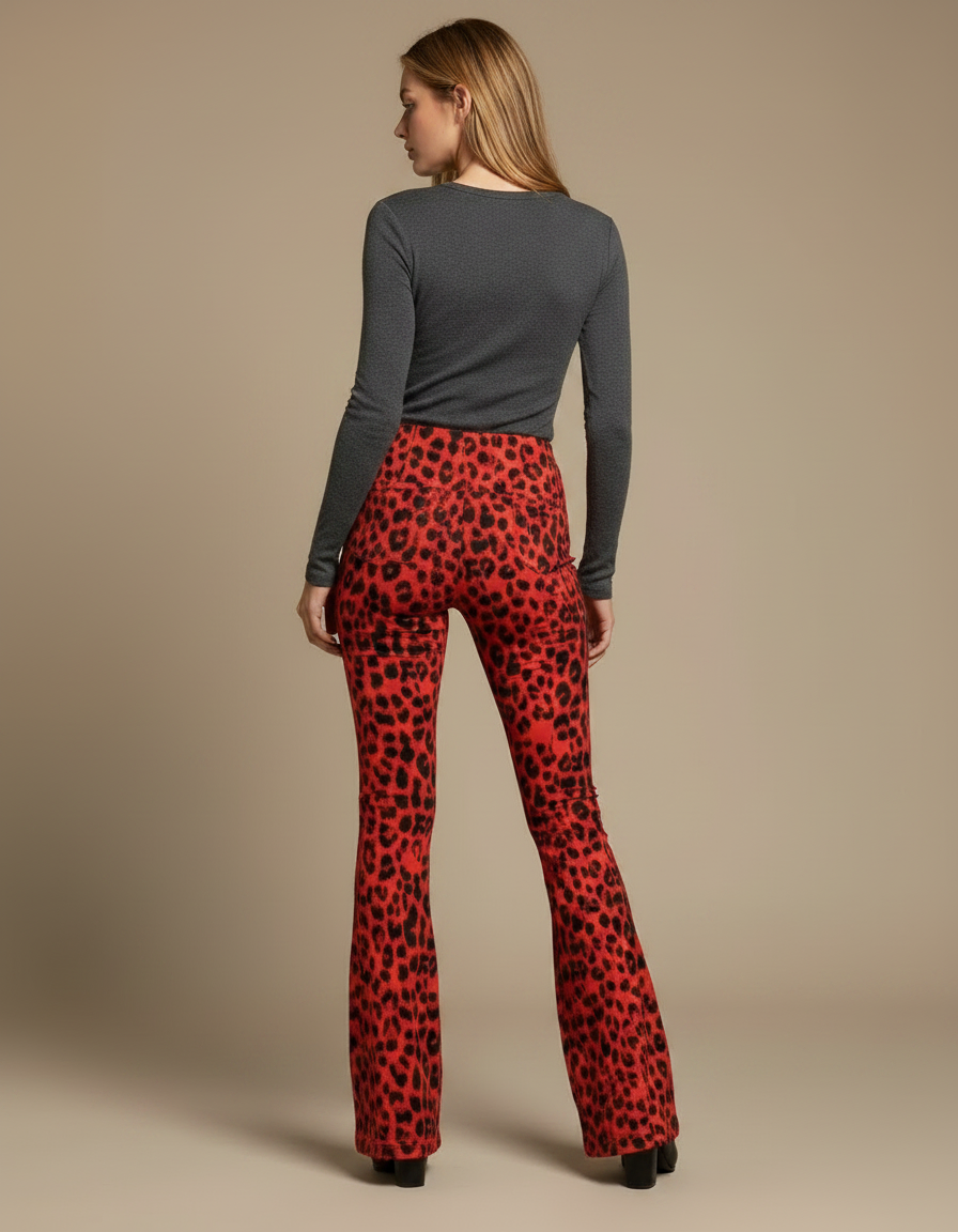 Pantalon Léopard Rouge Évasé Stretch Femme Chic - Maille - vue 2