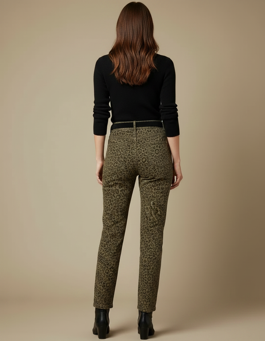 Pantalon Léopard Vert Kaki Imprimé Coupe Droite - Coton - vue 2