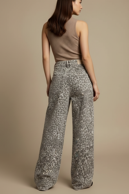 Pantalon Léopard Ample Imprimé Lavé Taille Haute - Jean - vue 2
