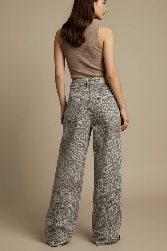 Pantalon Léopard Ample Imprimé Lavé Taille Haute - Jean - vue 2