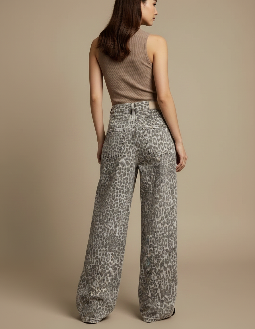 Pantalon Léopard Ample Imprimé Lavé Taille Haute - Jean - vue 2
