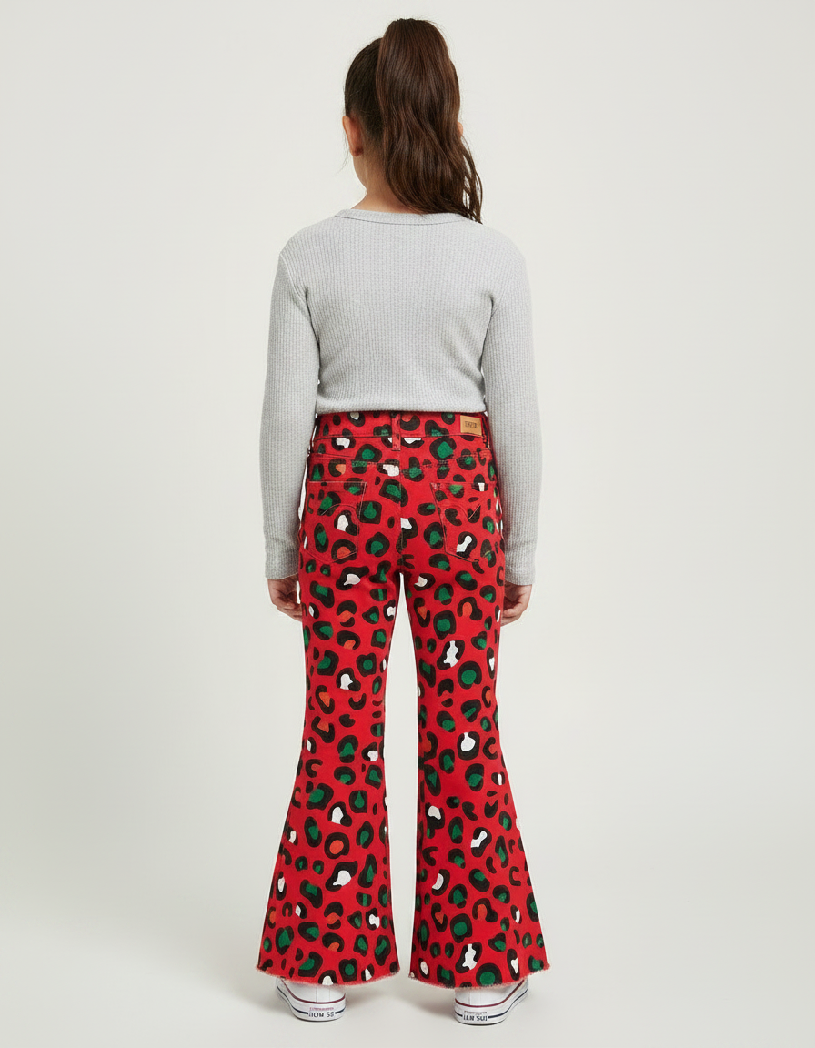 Pantalon Léopard Rouge Évasé Imprimé Fille Tendance - Gabardine - vue 2
