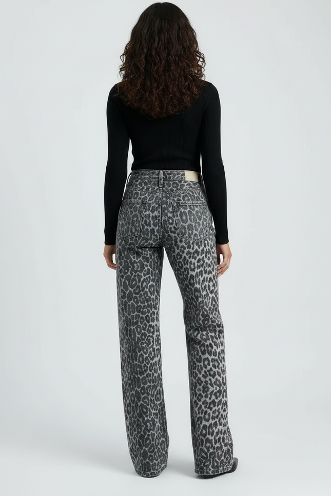 Pantalon Léopard Gris Taille Haute Large Droit - Jean - vue 2