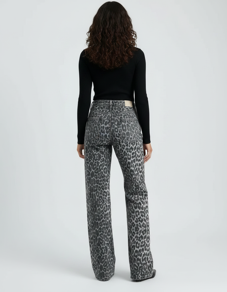 Pantalon Léopard Gris Taille Haute Large Droit - Jean - vue 2