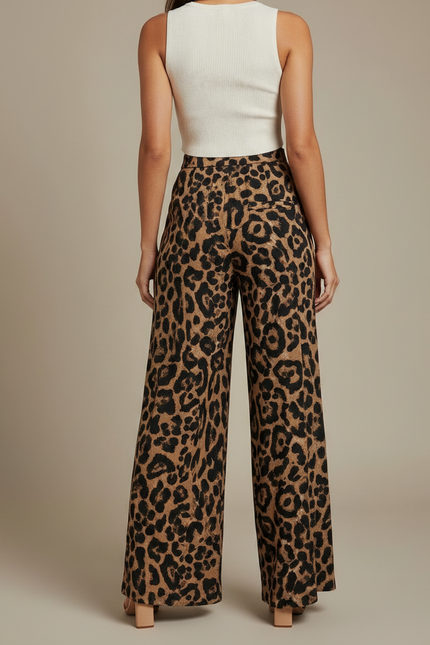 Pantalon Léopard Fluide Fendu Taille Haute Élégant - Imprimé Viscose - vue 2