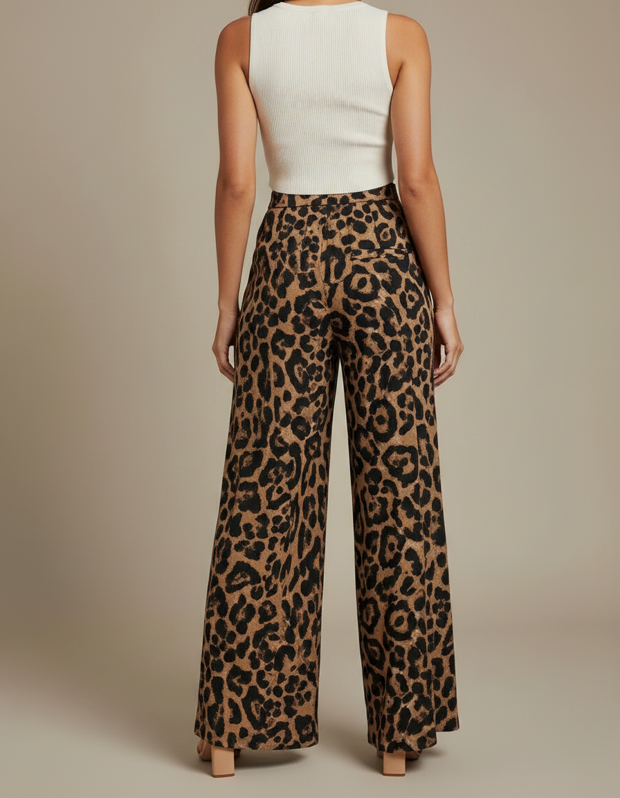 Pantalon Léopard Fluide Fendu Taille Haute Élégant - Imprimé Viscose - vue 2