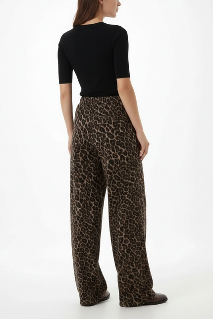 Pantalon Léopard Ample Marron Imprimé Molletonné Décontracté - vue 2