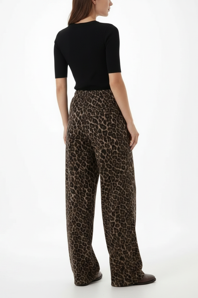 Pantalon Léopard Ample Marron Imprimé Molletonné Décontracté - vue 2