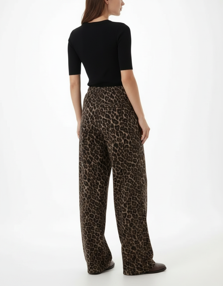 Pantalon Léopard Ample Marron Imprimé Molletonné Décontracté - vue 2