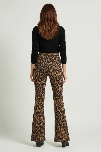 Pantalon Léopard Évasé Imprimé Marron Confortable Femme - Maille - vue 2